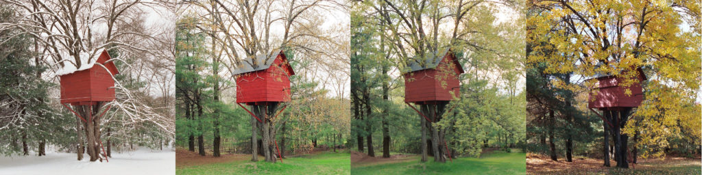 In the summer of 2003 and 2004, the perfect treehouse took shape in a four-stem maple in the back yard of a house in Acton, MA. The treehouse was built by Erik J. Heels and his three children: Sam, Ben, and Sonja. Shown here in all four seasons: winter, spring, summer, fall.