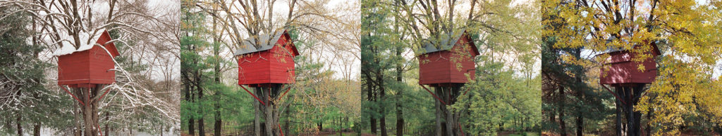 In the summer of 2003 and 2004, the perfect treehouse took shape in a four-stem maple in the back yard of a house in Acton, MA.  The treehouse was built by Erik J. Heels and his three children: Sam, Ben, and Sonja.  Shown here in all four seasons: winter, spring, summer, fall.